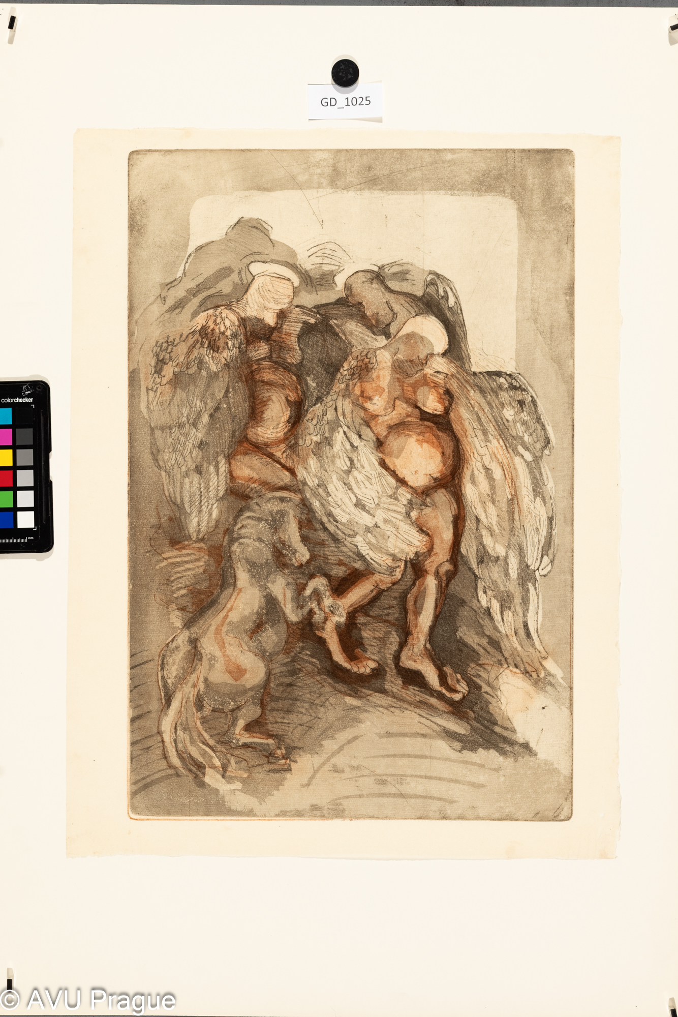 neurčeno, Figurální kompozice - Andělé s koněm, Měkký kryt / akvatinta, 48,8 x 32,4, 52,5 x 40,2