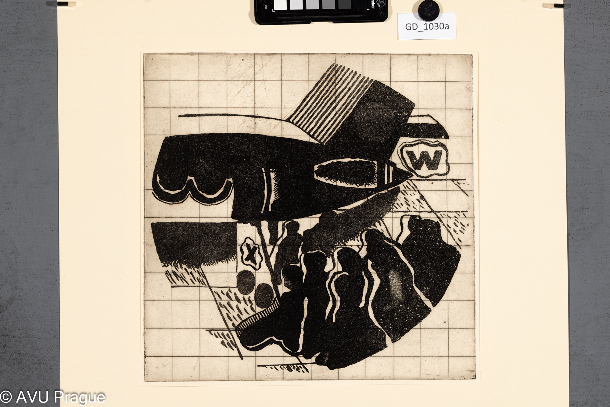 Bohdan Jelínek, Abstraktní kompozice - před letadlem, Lept / akvatinta, 30,6 x 30,3, 38,2 x 34,6,  Čepelák