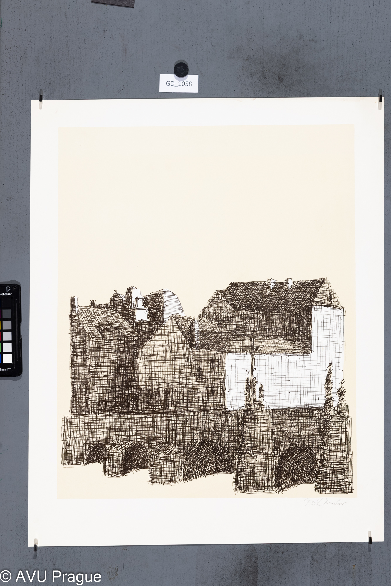 Miroslav Fišák, Domy, Litografie - tuž- podtisk, 50,4 x 40,4, 60,2 x 47,8, Čepelák