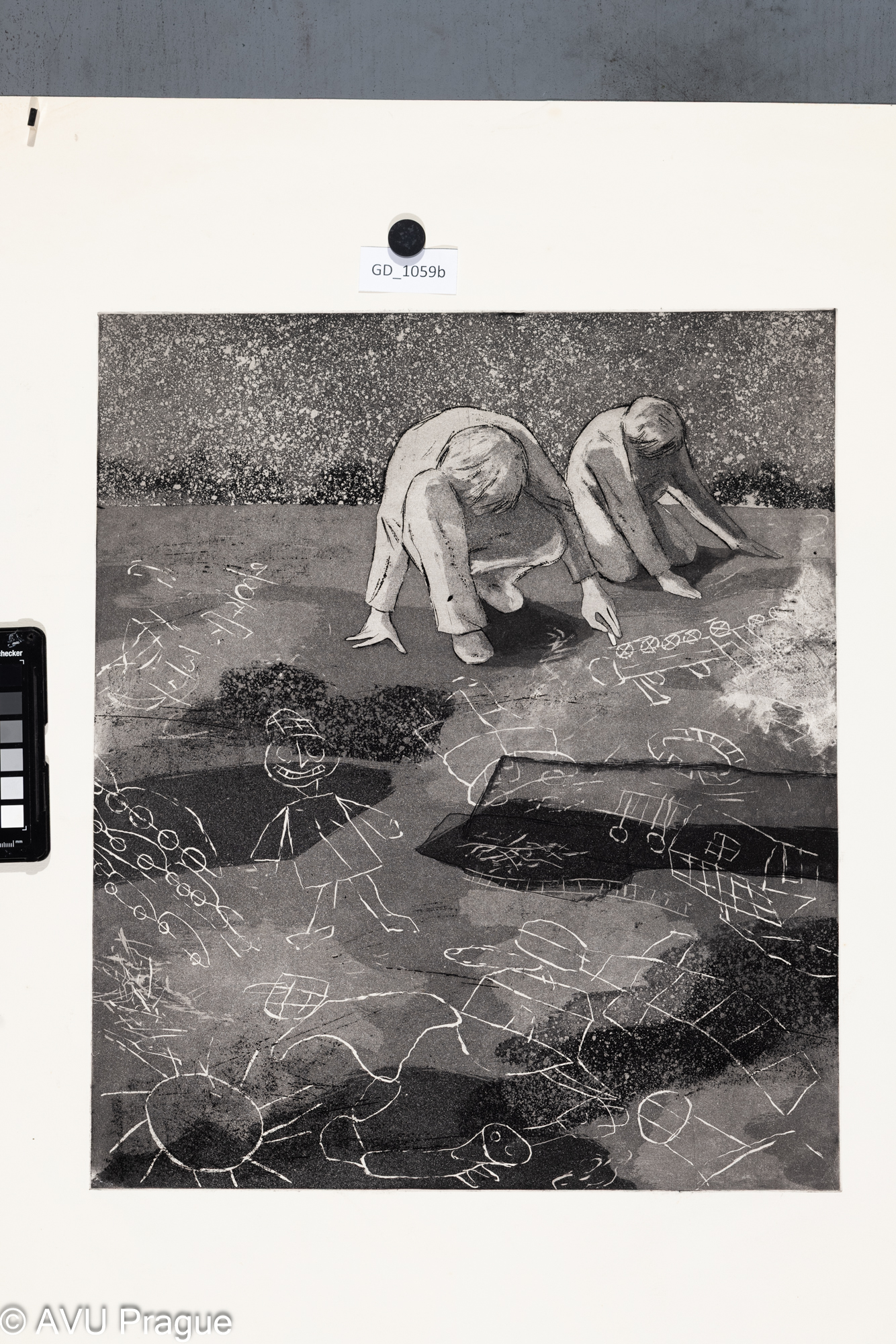 Jan Holoubek, Děti na ulici s křídou, 1975 , Lept / akvatinta,47,8 x 39,3 , 75 x 60,2, Čepelák