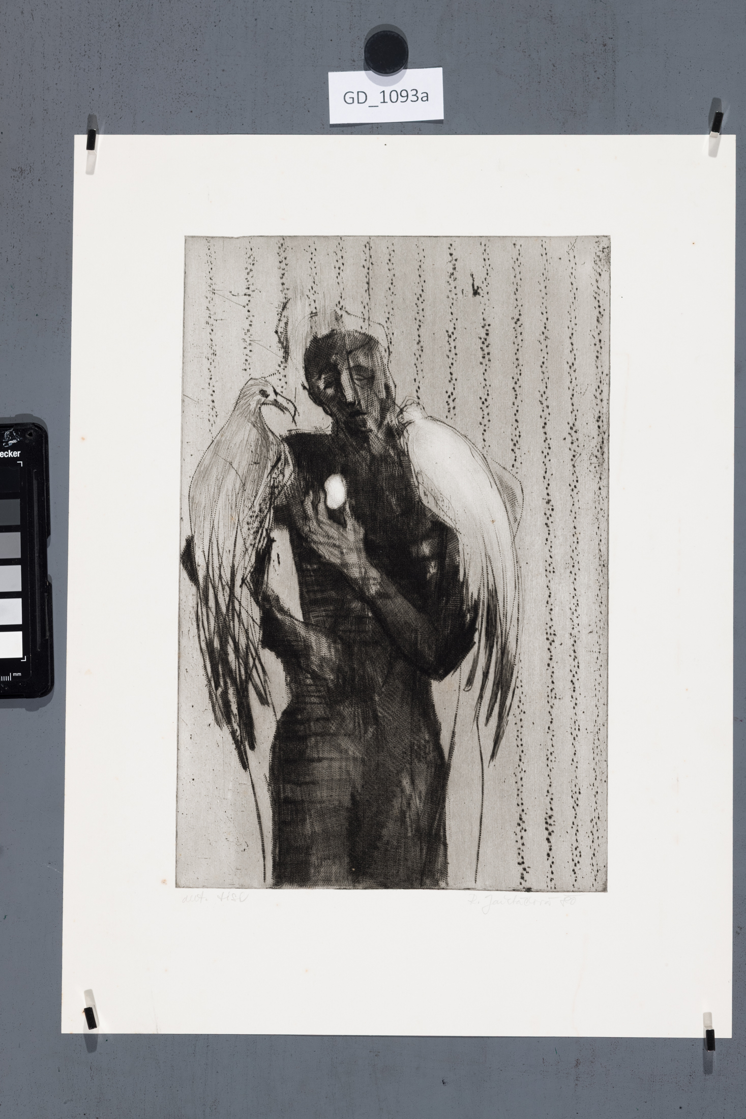Radana Jařabáčová, Muž s ptáky a vejicem (Iluzionista), 1980,Suchá jehla, 29,2 x 19,5, 41 x 30,2,Čepelák