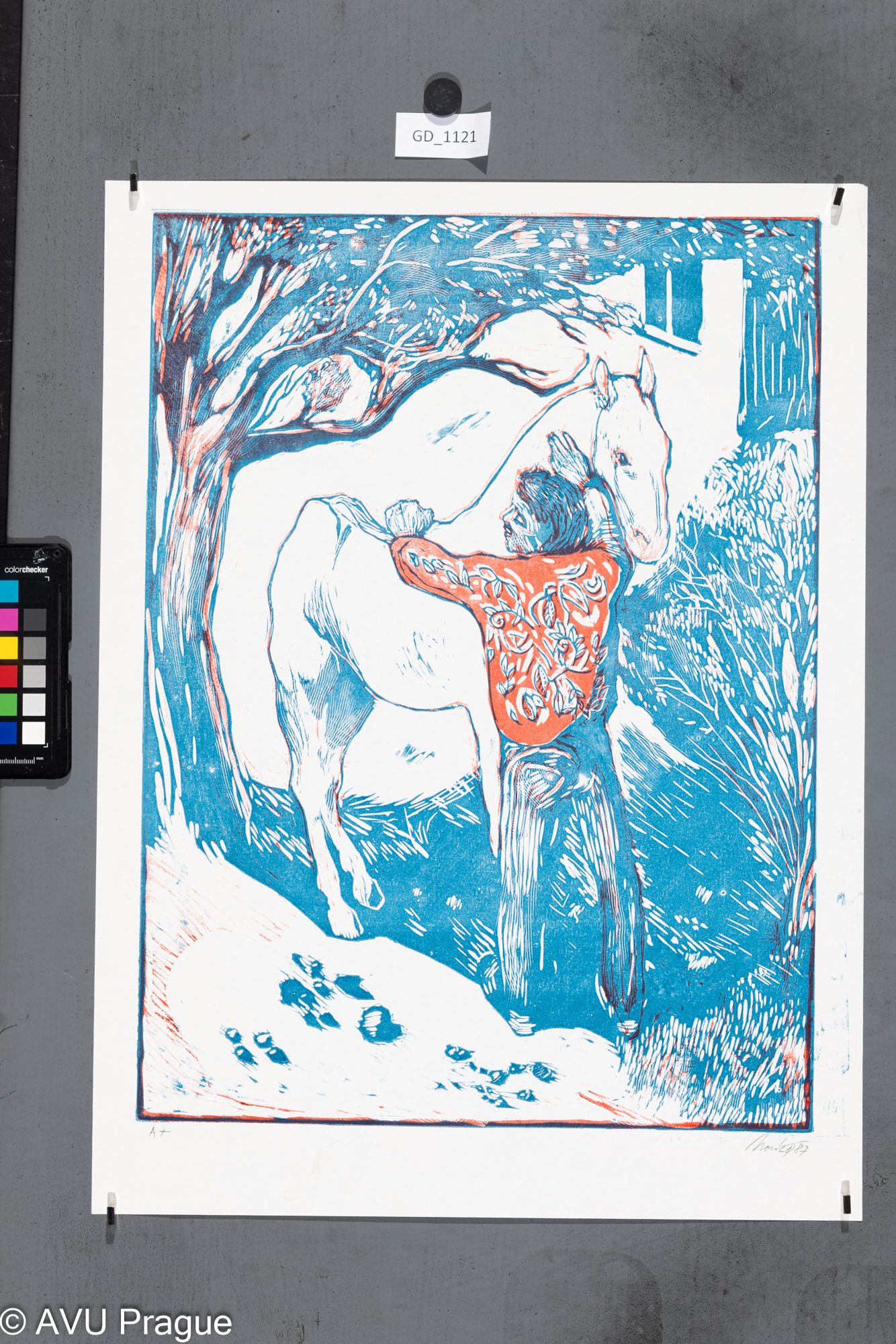 Petr Novák, Figura s koněm,1987, linoryt - soutisk dvě barvy,48,6 x 35,8,54,9 x 40,7,