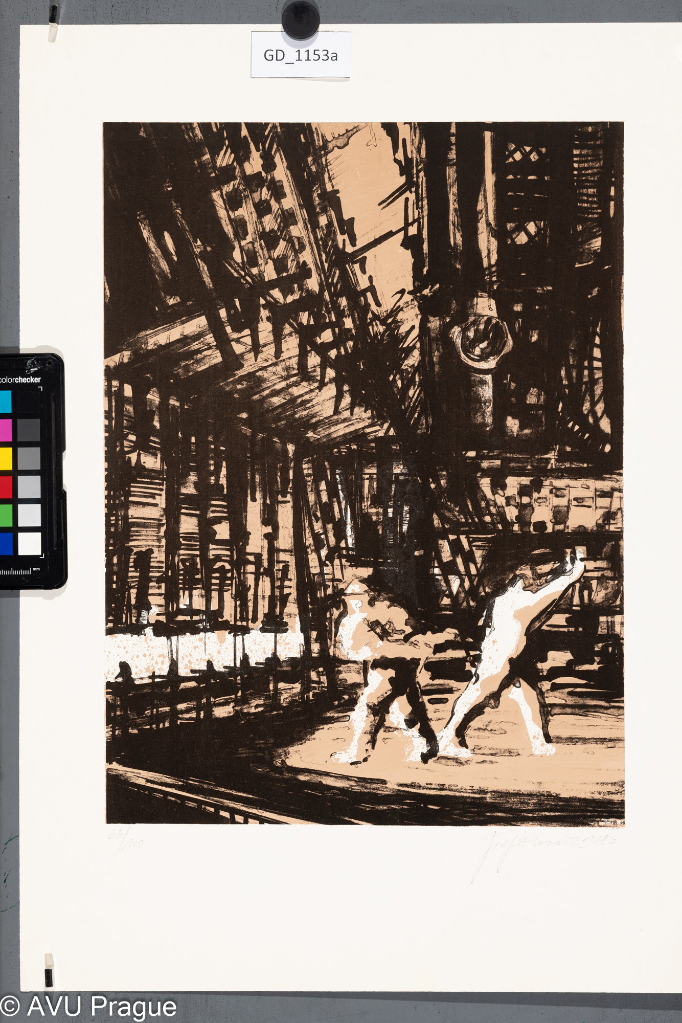 Josef Hlaváček, Dělníci v továrně, 1986, Litografie- tuž -dvě barvy, 37,3 x 27,5,          
51,3 x 36,1, Čepelák