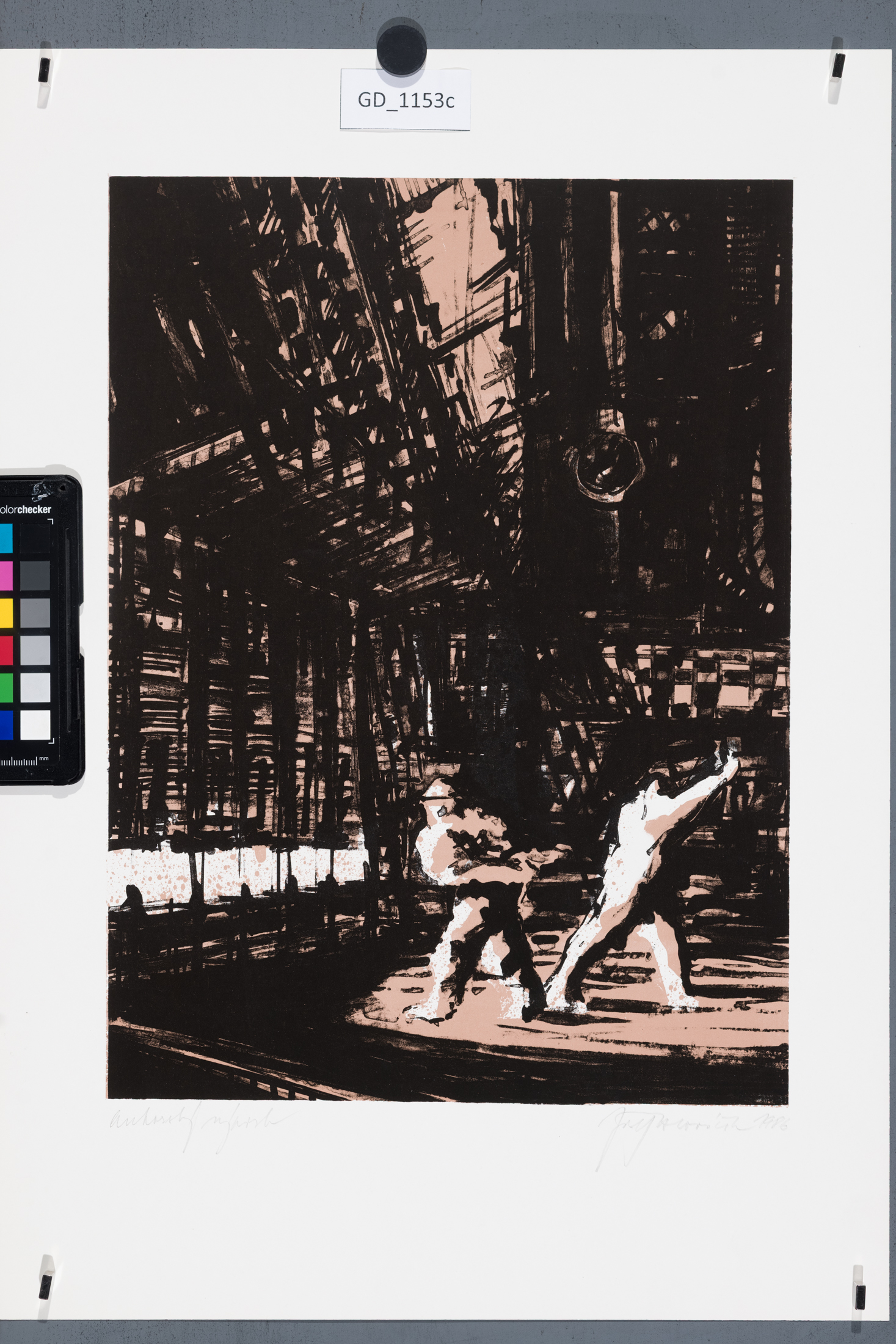 Josef Hlaváček, Dělníci v továrně, 1986, Litografie- tuž -dvě barvy, 37,3 x 27,5,       51,4 x 36,Čepelák