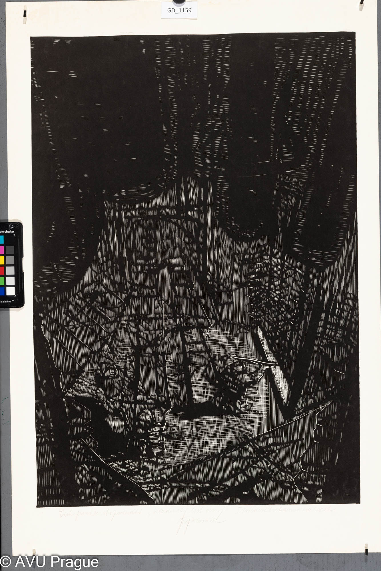 Josef Hlaváček,Kladenský list osmý - pec na ohřívání železa,1986, Linoryt, 68,6 x 47,3,   80,8 x 54,1,  Čepelák