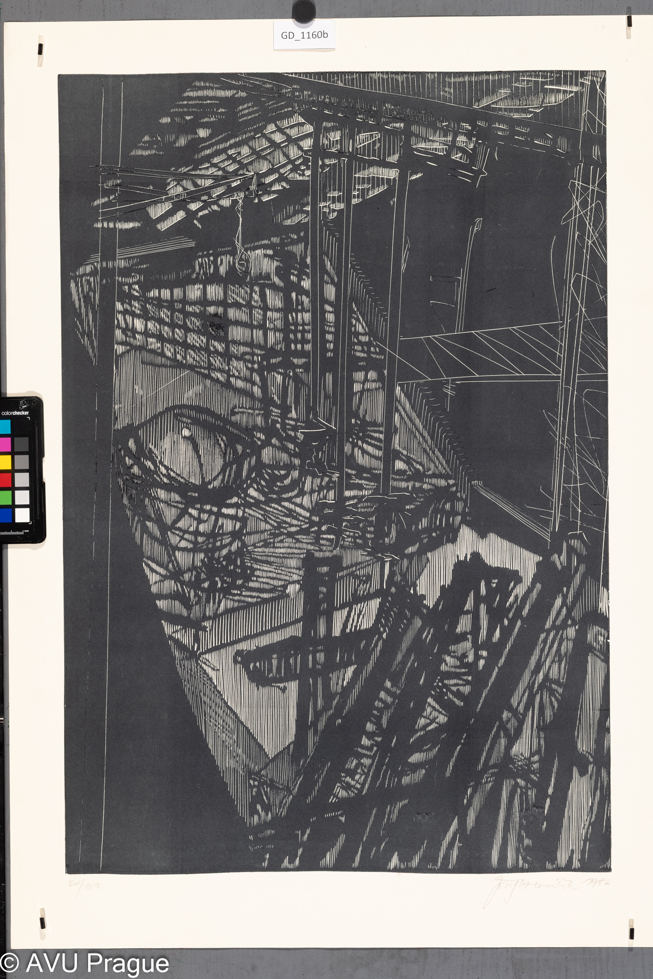 Josef Hlaváček,Kladenský list jedenáctý - Hala, 1986,Linoryt, 68,5 x 47,5, 78,8 x 55,7,Čepelák