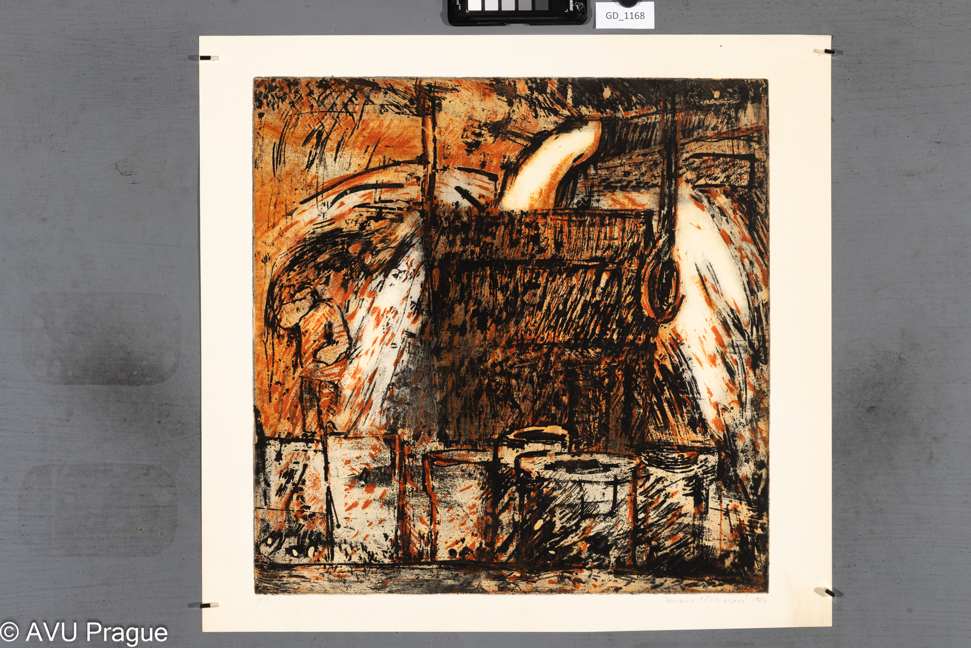 Zuzana Lörinczová, Pánev při odpichu, 1984,Lept / akvatinta - soutisk, 46,3 x 46,2,53,4 x 56,4,Čepelák