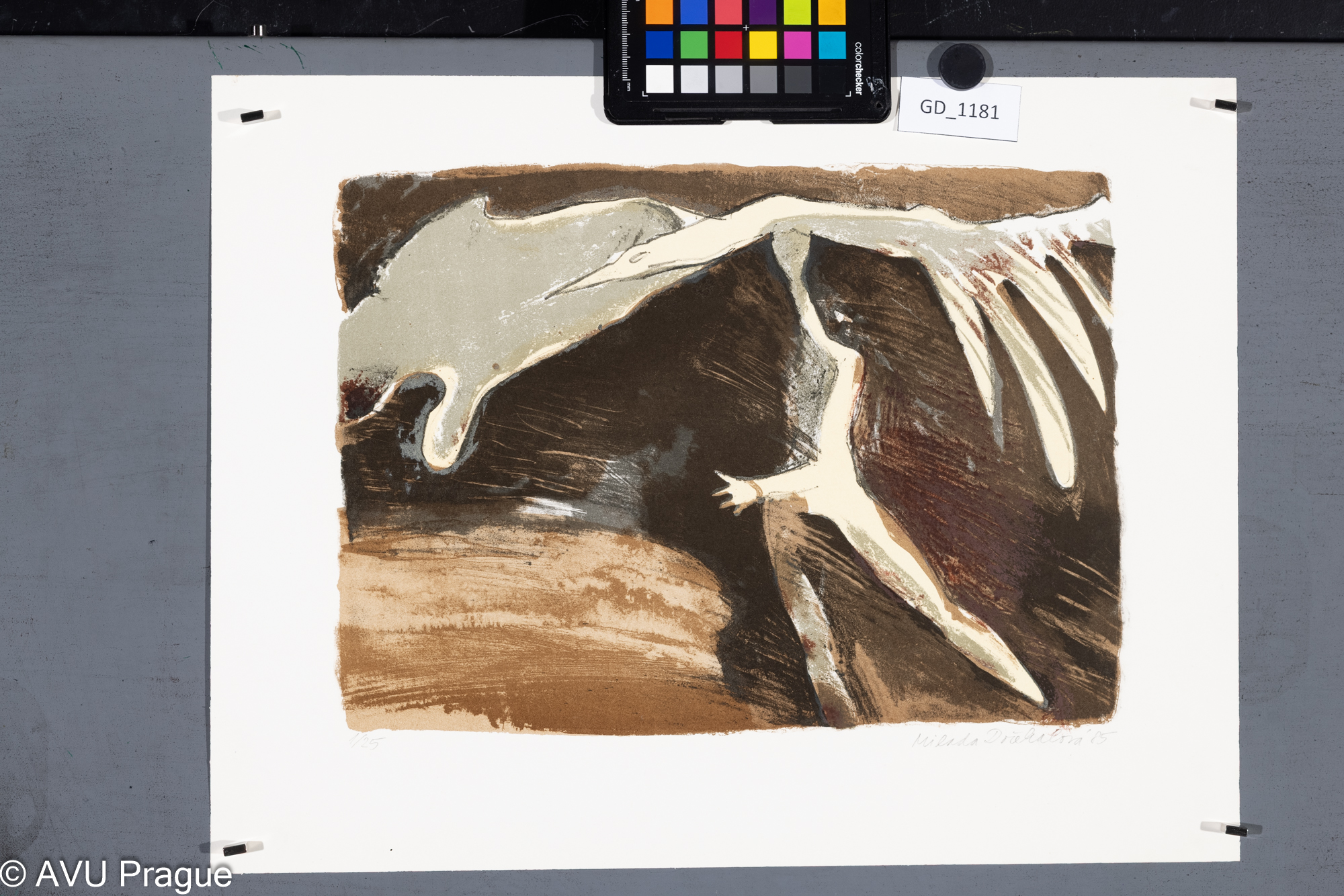 Milada Dočekalová, Figura s ptákem, 1985, Litografie - čtyři barvy, 25 x 34, 34,4 x 45, Čepelák