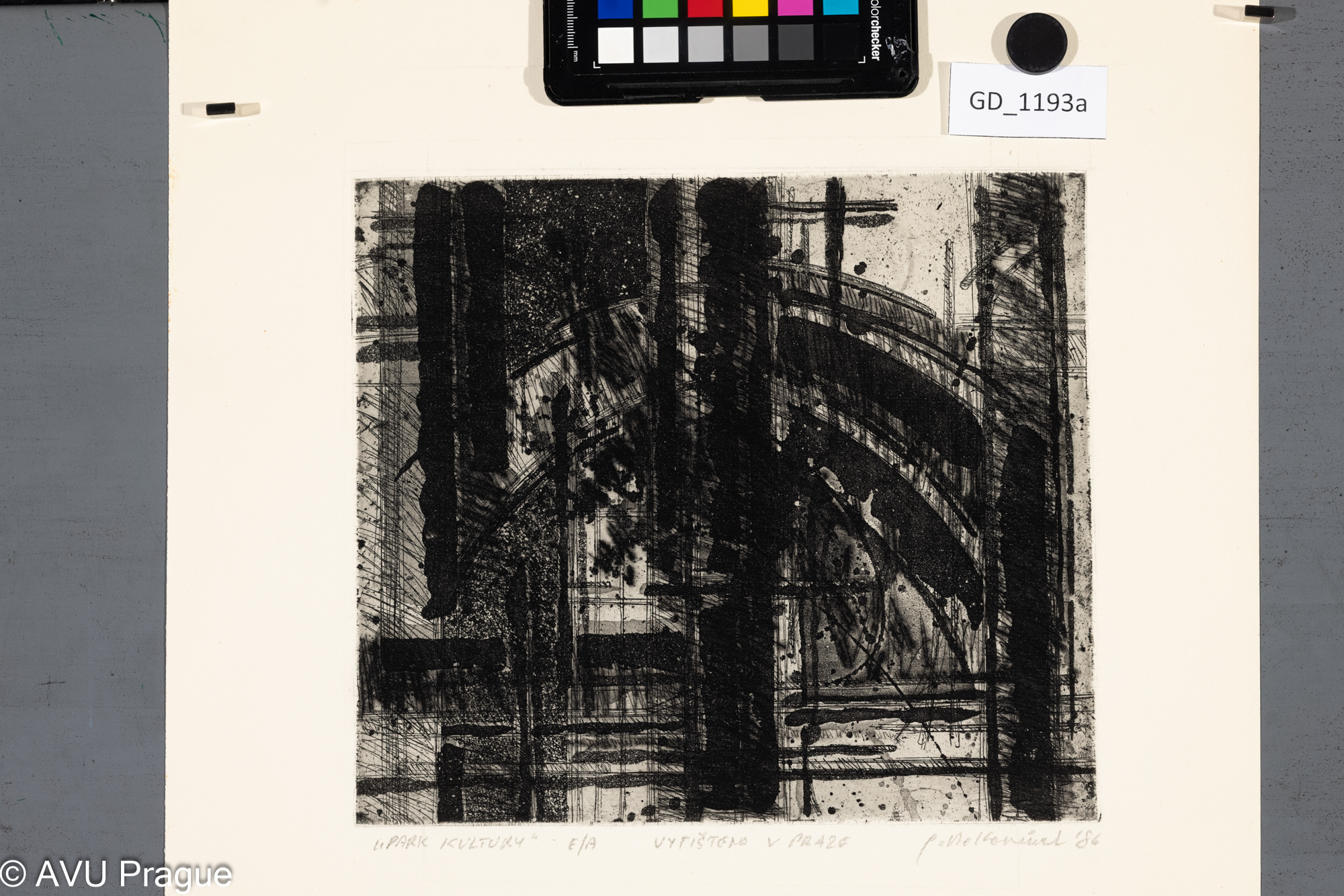 Nečitelná sig., Park kultury, 1986, Lept/ akvatinta / suchá jehla, 21,7 x 24,7, 51,1 x 36,5
