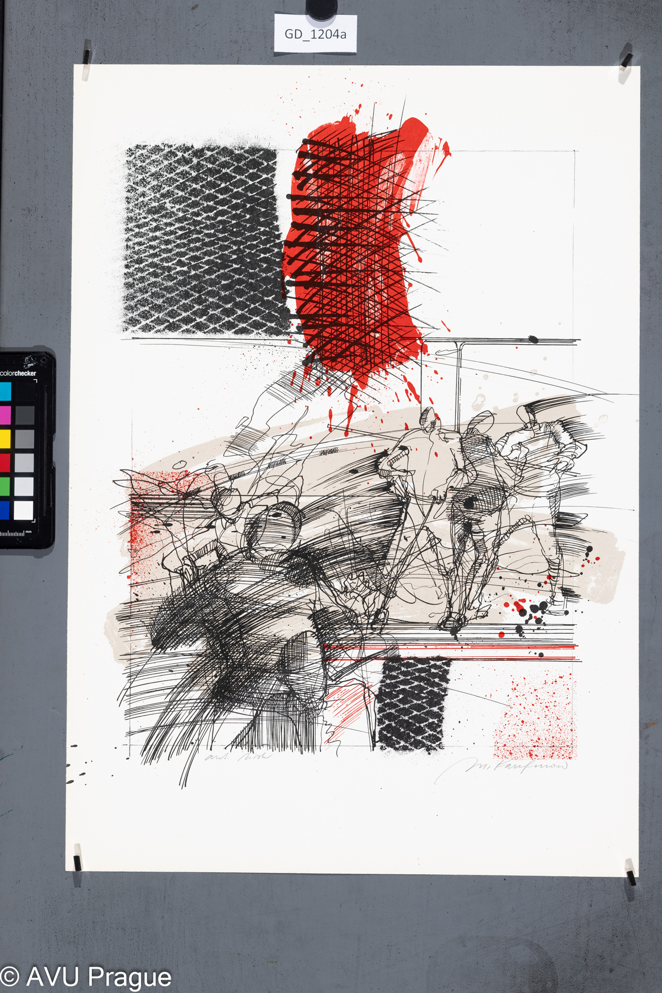 Miroslav Kaufman, dělníci v továrně, 1986?,Litografie - tuž - tři barvy, 42,5 x 33, 51,3 x 36,Pospíšil