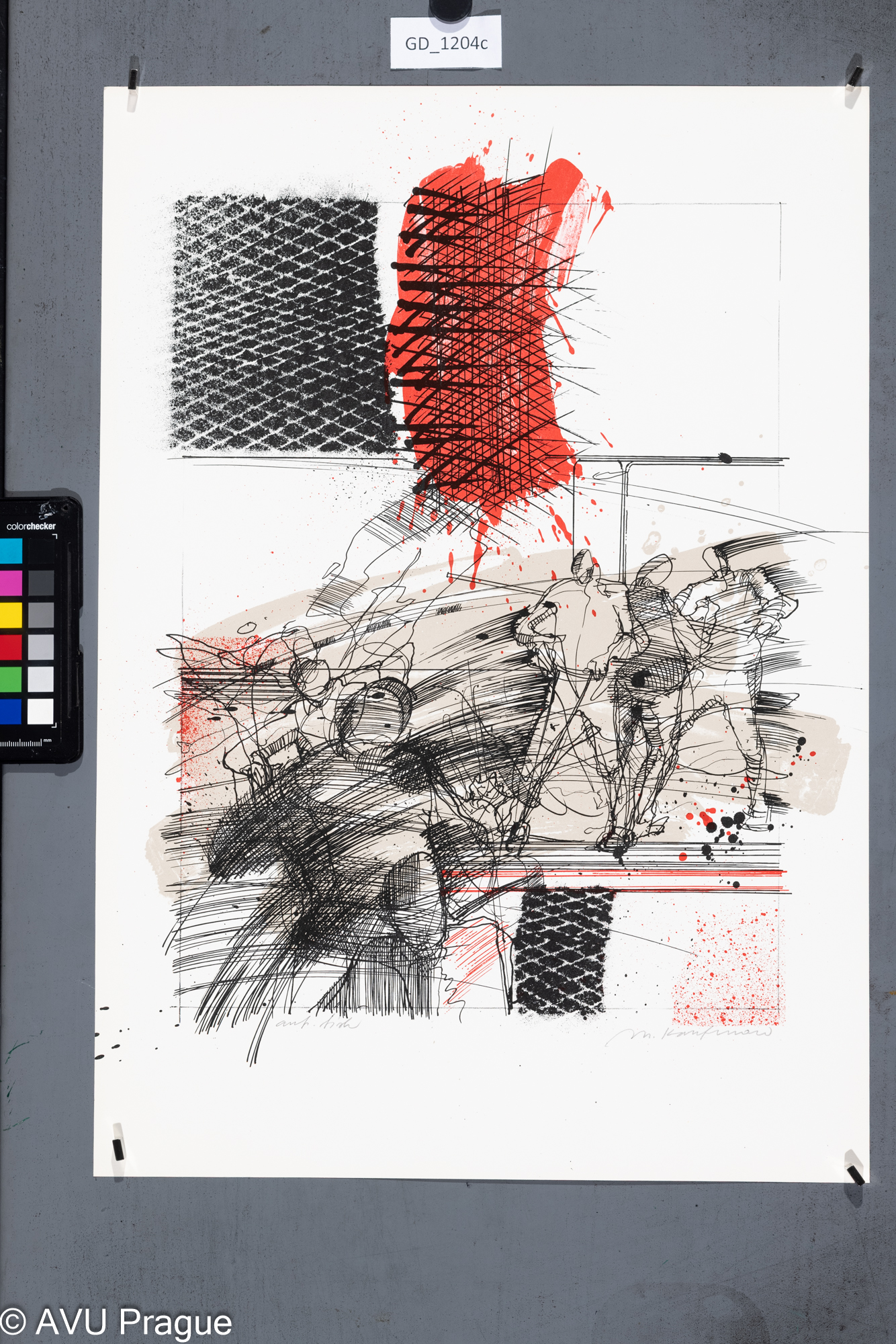 Miroslav Kaufman, dělníci v továrně, 1986?,Litografie - tuž - tři barvy, 42,5 x 33, 51,3 x 36,Pospíšil