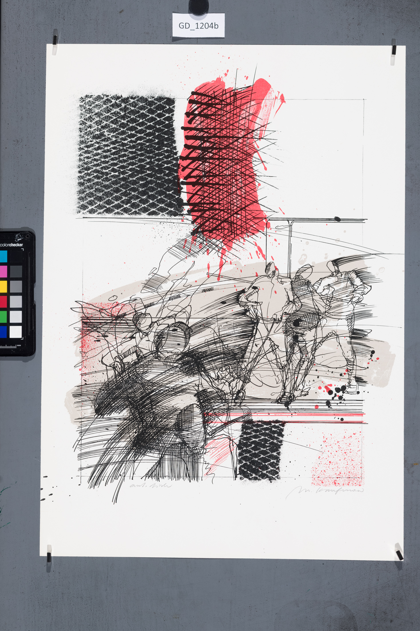 Miroslav Kaufman, dělníci v továrně, 1986?,Litografie - tuž - tři barvy, 42,5 x 33, 51,3 x 36,Pospíšil