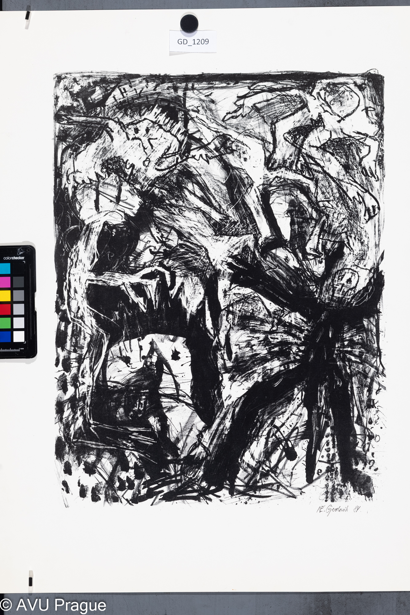 Nils Erik Gjerdevik, Abstrakce s figurálním motivem, 1984, Litografie, 48 x 36,5,64,4 x 49,6,