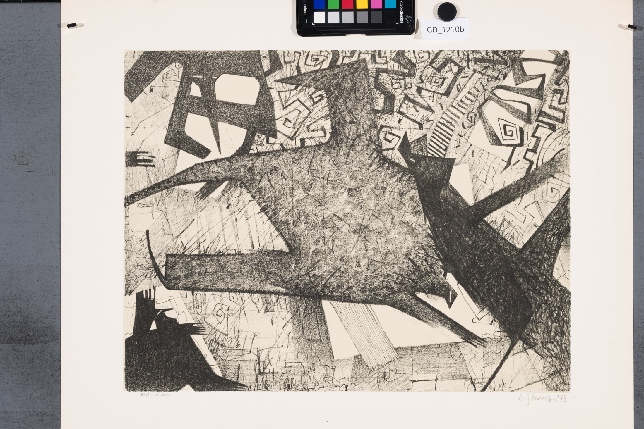 Nezjištěno, Abstraktní kompozice, 1988, Litografie - podtisk, 35,8 x 47,51,4 x 60,3,