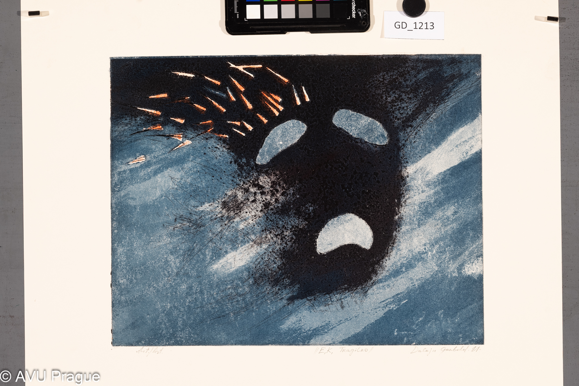 Dalajn Gambold, E.K. Tragično,1984,Lept /akvatinta - soutisk, dvě matrice, 24,9 x 32,2,   43,7 x 46,6, Čepelák