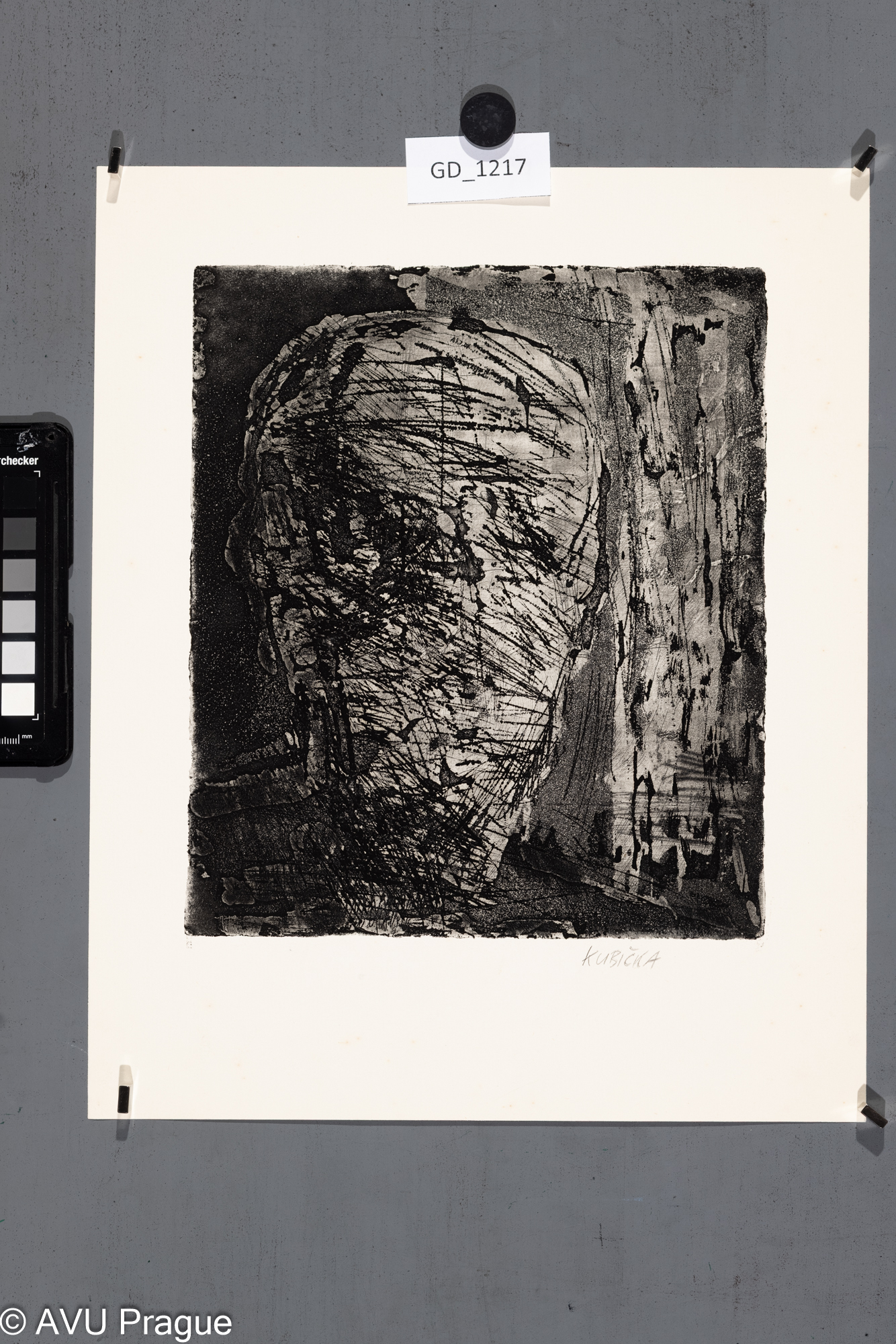 Roman Kubička, Abstrahovaná hlava, lept / akvatinta, 24,4 x 20,9,34,6 x 28,2, Jiroudek