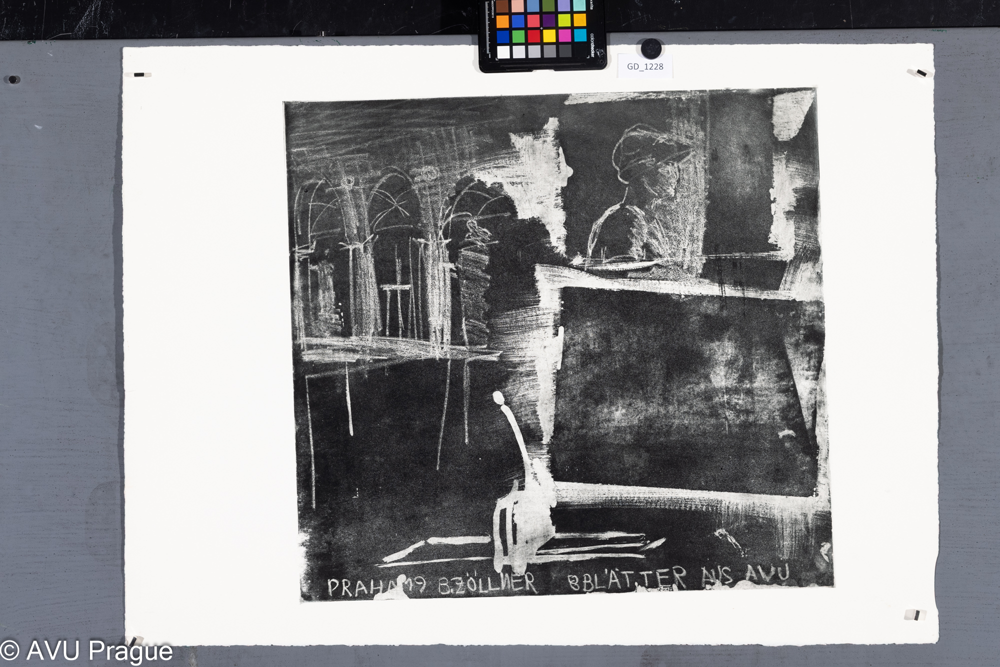 Bruno Zöllner, Kreslení na hale MG AVU (Listy z AVU), Akvatinta, 48,8 x 52,1, 78,9 x 58,3,