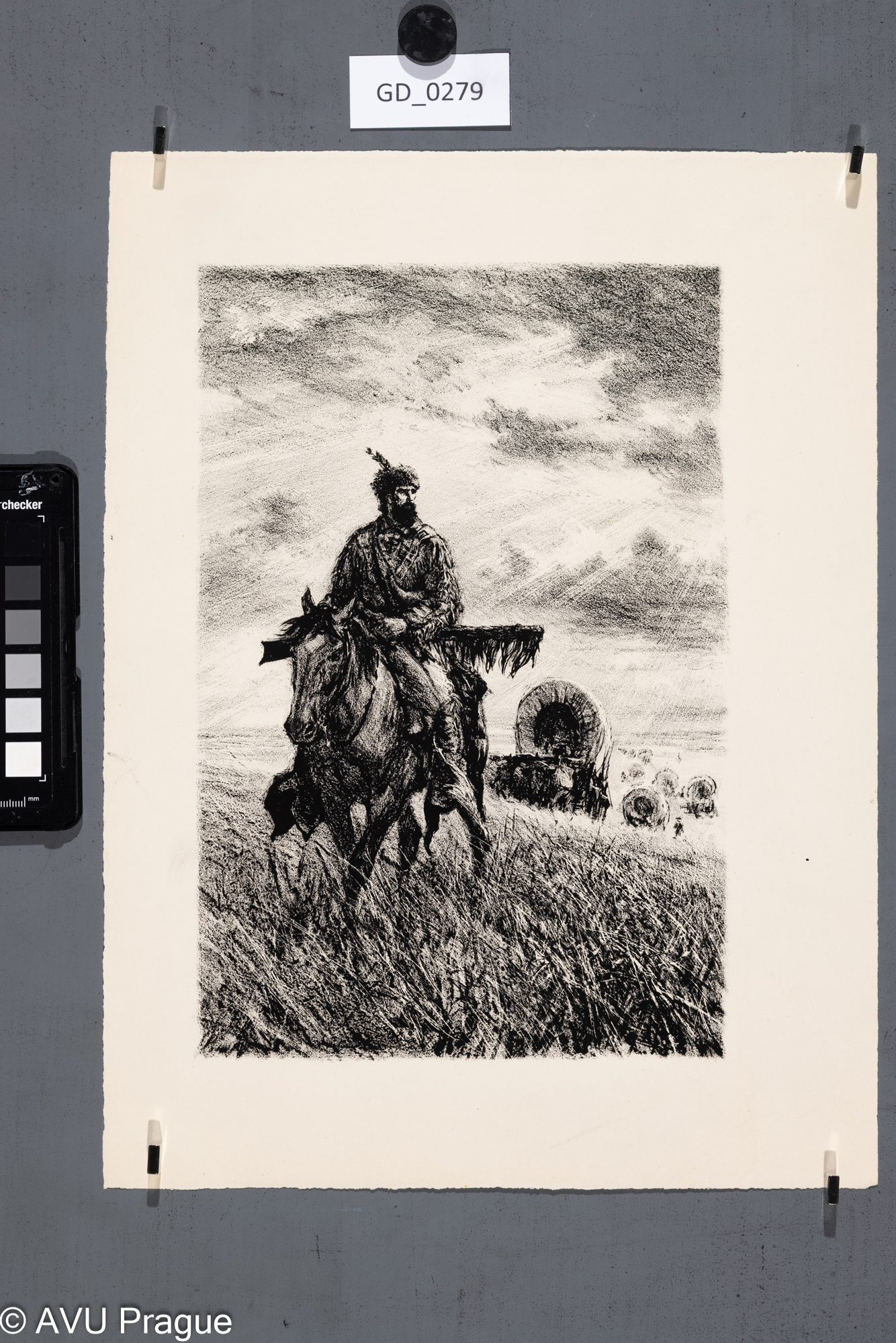 Ilustrace - jezdec s povozy v pozadí_Přistěhovalci?