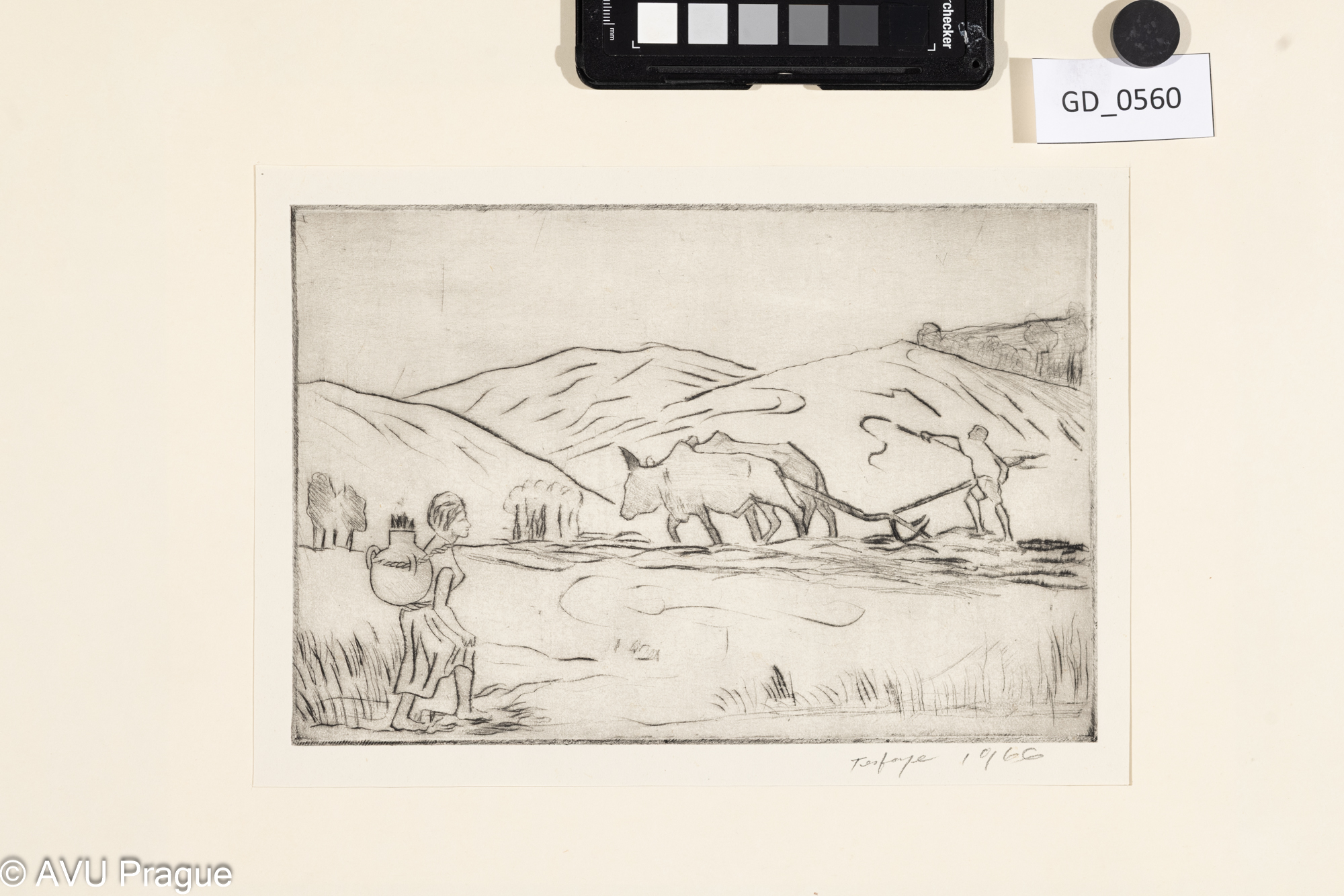 Oráč s volkem a žena s nádobou