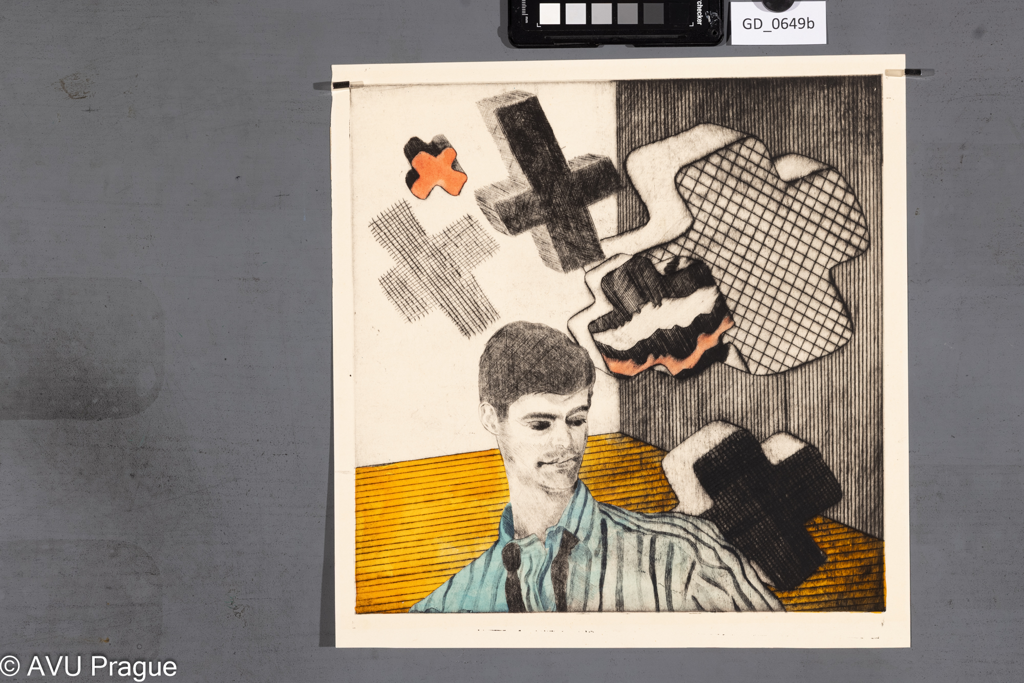 Mužská figura a abstraktní motivy křižků