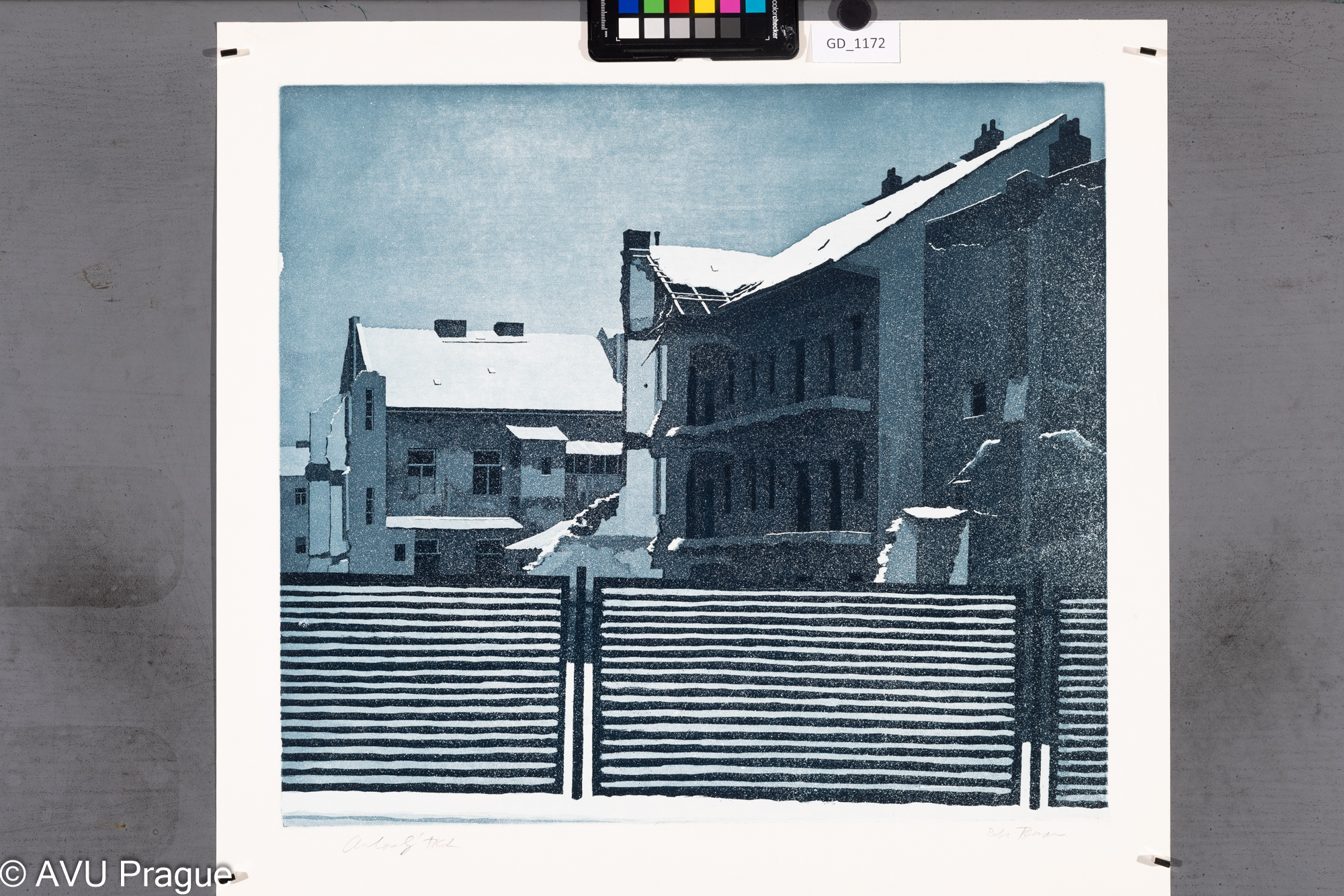 Plot před zasněženými domy